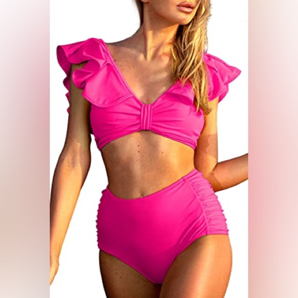 Hot Pink Ruffled High-Waist Bikini Set